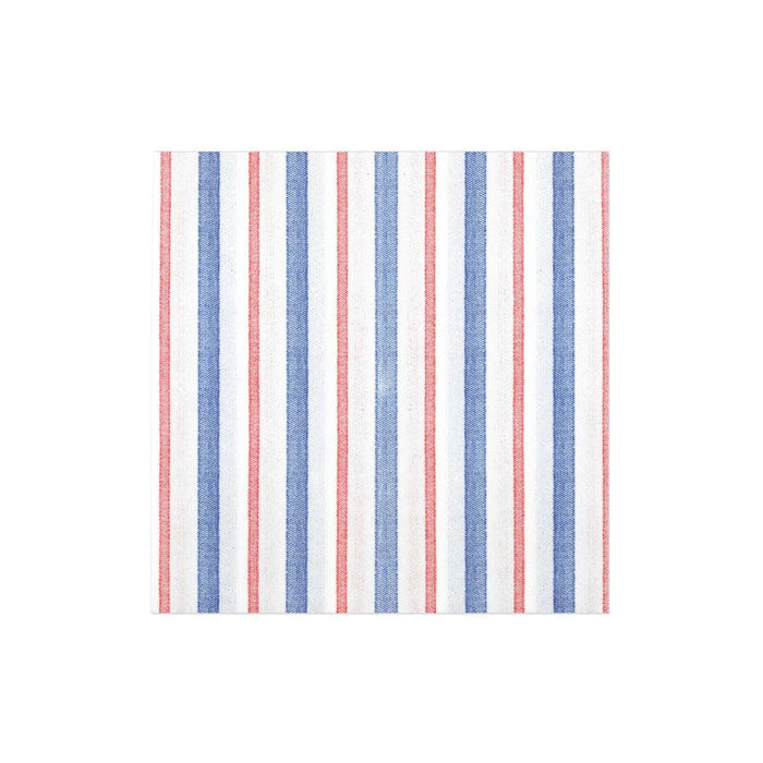 Vietri Papersoft dinner napkin with blue and red vertical stripes on a white, linen-like spunlace material.