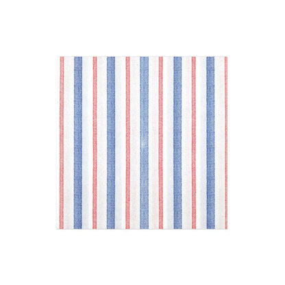 Vietri Papersoft dinner napkin with blue and red vertical stripes on a white, linen-like spunlace material.