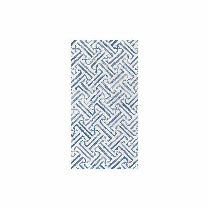 Vietri Papersoft guest towel with a blue and white geometric lattice pattern, made from soft, absorbent spunlace material.