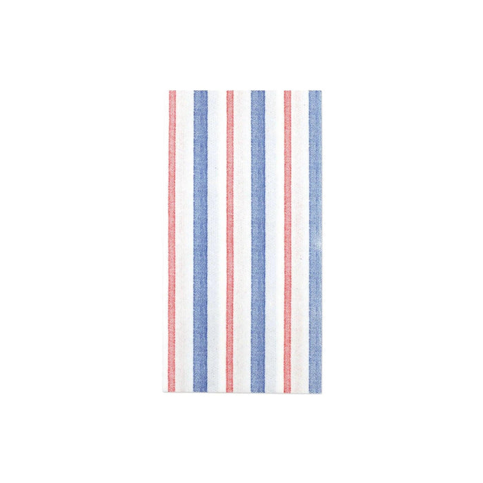Vietri Papersoft guest towel with a red and blue striped pattern on soft, linen-look spunlace material.