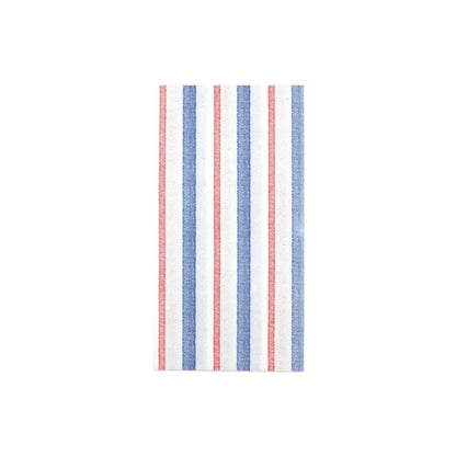 Vietri Papersoft guest towel with a red and blue striped pattern on soft, linen-look spunlace material.