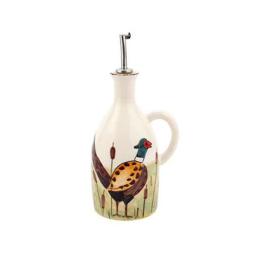 Hand-painted Terra Bianca olive oil bottle featuring a colorful pheasant design and metal pourer, 10 inches tall.