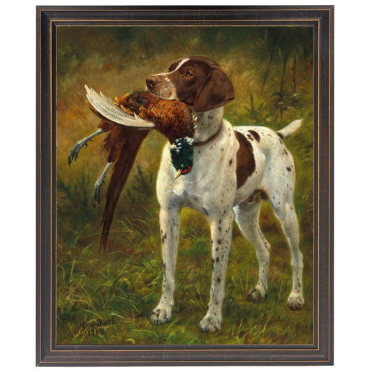 Vintage oil painting of a German Shorthair Pointer carrying a pheasant, set in a classic black wooden frame.