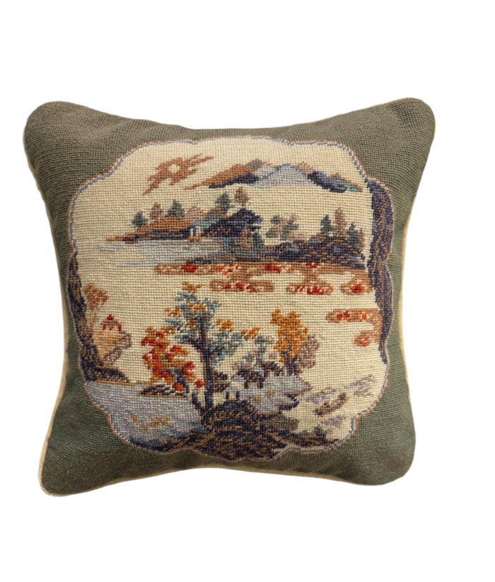 Vintage Needlepoint Pillowcase with Landscape Design.