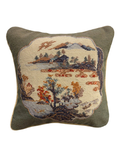 Vintage Needlepoint Pillowcase with Landscape Design.