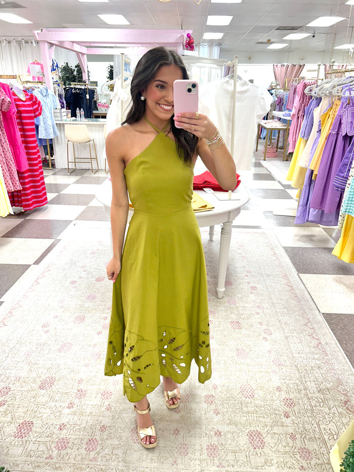Vivian Olive Halter Midi Dress