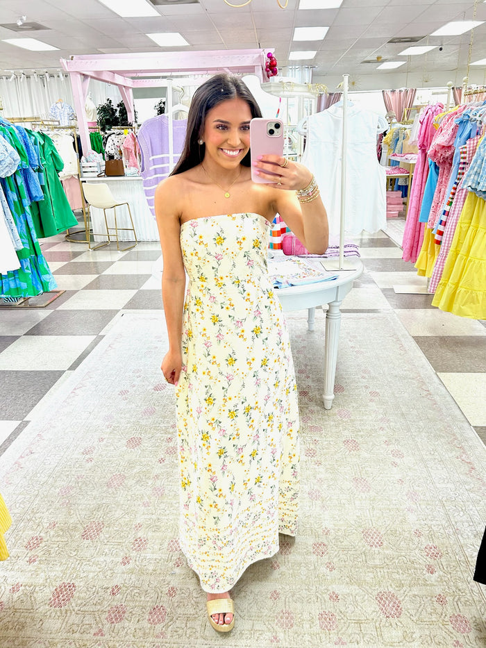 Whimsy Floral Strapless Maxi Dress