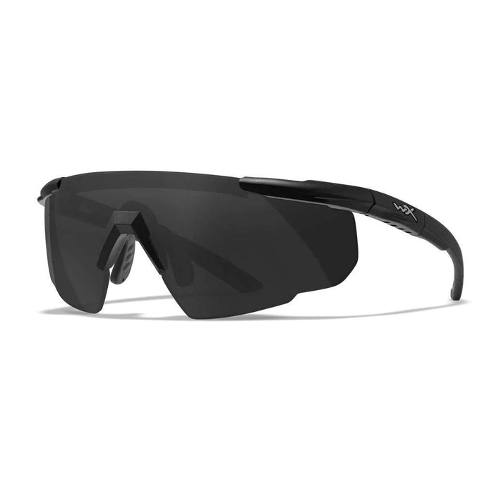 Wiley X Saber Advanced ballistic glasses with a matte black frame and dark, shatterproof wraparound lens.