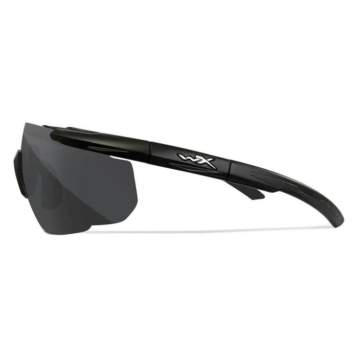 Wiley X Saber Advanced ballistic glasses with black frame and dark grey wraparound lens on white background.