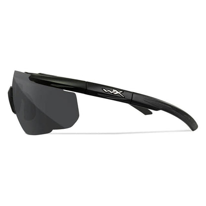 Wiley X Saber Advanced ballistic glasses with black frame and dark grey wraparound lens on white background.