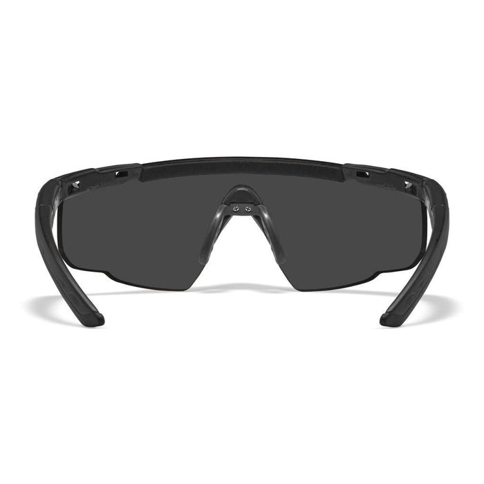 Wiley X Saber Advanced ballistic glasses with a matte black frame and dark grey wraparound polycarbonate lens.