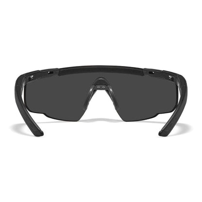 Wiley X Saber Advanced ballistic glasses with a matte black frame and dark grey wraparound polycarbonate lens.