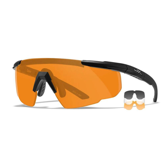 Wiley X Saber Advanced ballistic glasses with orange lenses, black frame, and adjustable nose piece on a white background.
