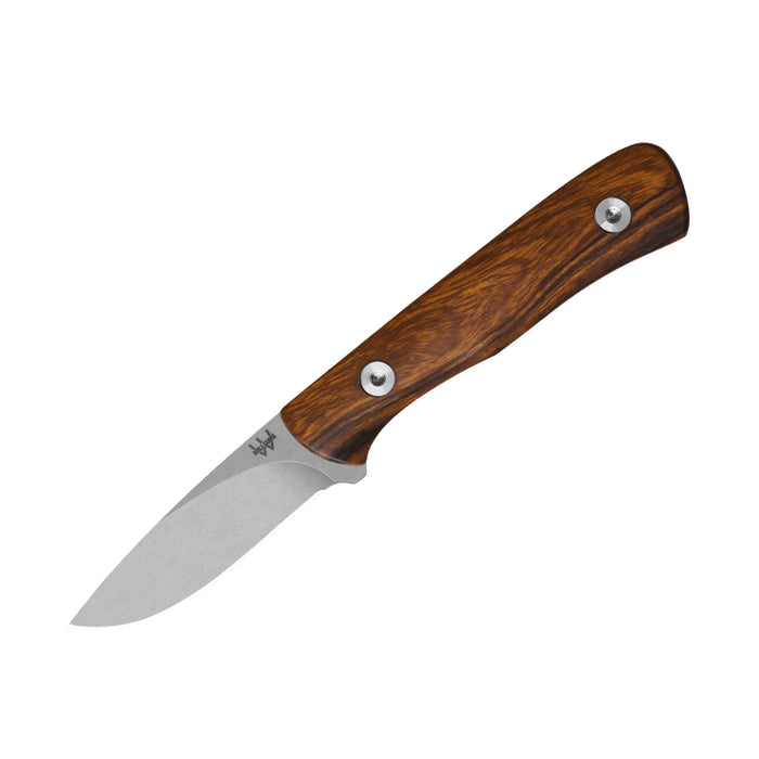 Williams Knife Bird Knife with a teardrop-point M390 steel blade and a polished wood handle on a white background.