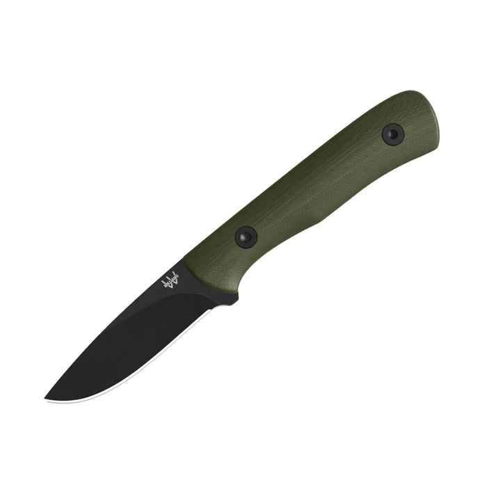 Williams Bird Knife with a black M390 teardrop blade and textured olive green handle on a white background.