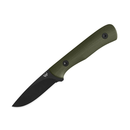 Williams Bird Knife with a black M390 teardrop blade and textured olive green handle on a white background.