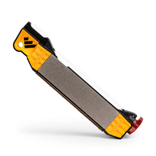 Work Sharp Guided Field Sharpener with yellow casing, diamond plates, and integrated 20-degree angle guides.