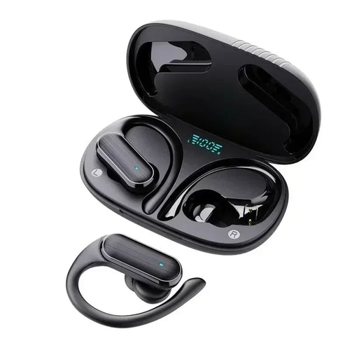 Black wireless earbuds with ear hooks and a charging case with a digital display.
