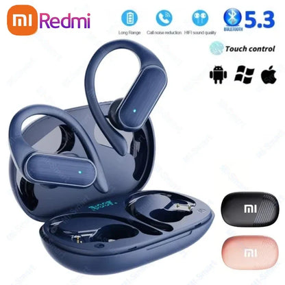 Dark blue wireless earbuds with ear hooks and charging case.