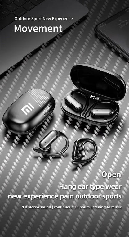 Black wireless earbuds with a charging case and optional ear clips.