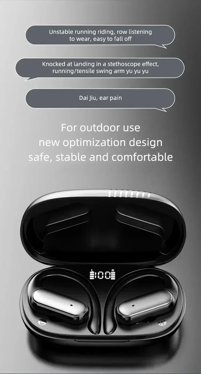 Black wireless earbuds in an open charging case.