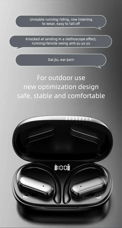 Black wireless earbuds in an open charging case.