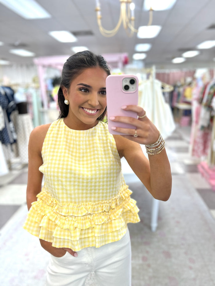 Yellow Gingham Ruffle Top