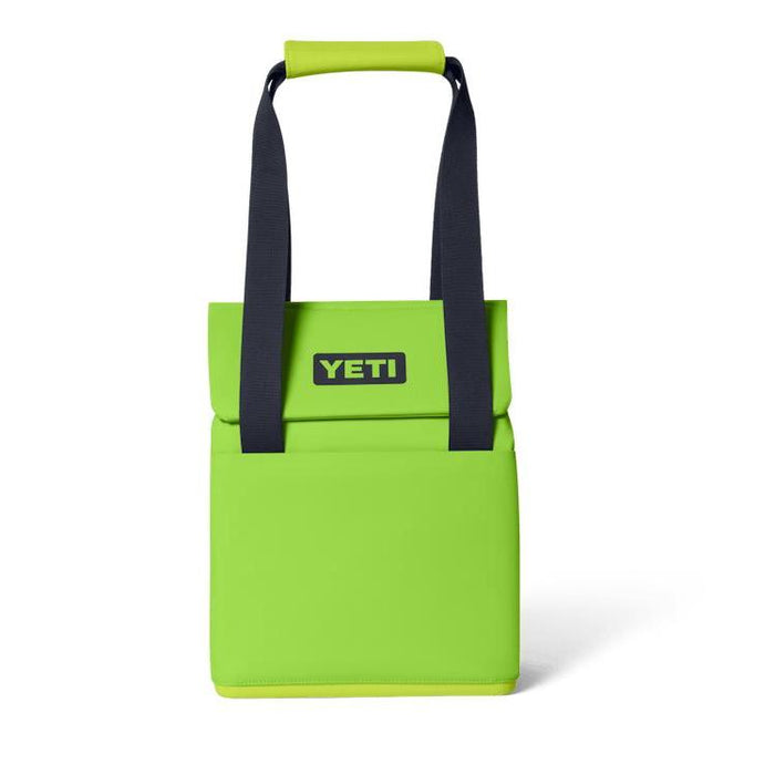 Chartreuse YETI Daytrip 14L insulated tote bag with black carry straps and a secure MagSnap closure on a white background.