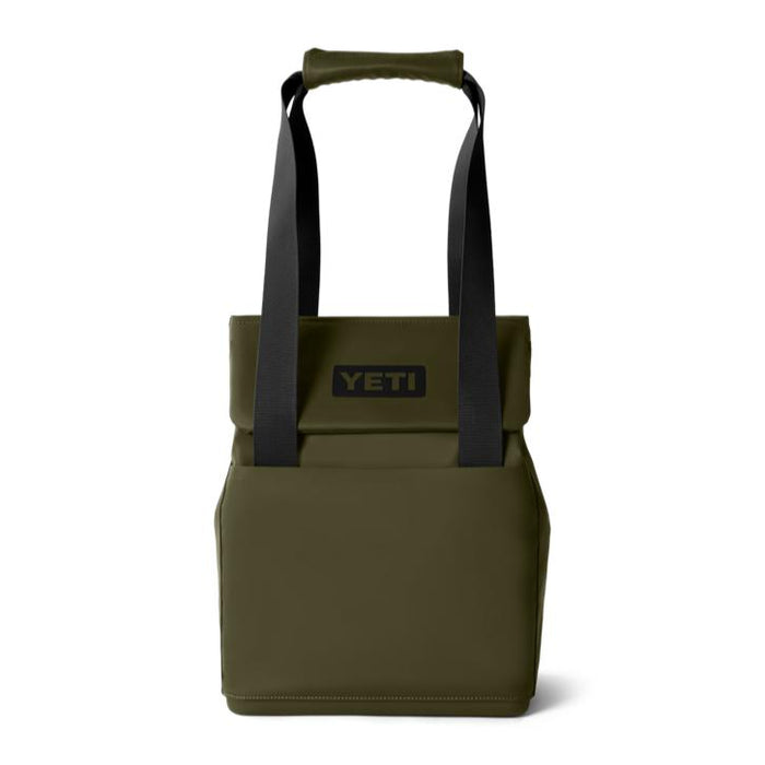 Olive green YETI Daytrip 14L insulated tote bag with black straps, MagSnap closure, and front YETI logo patch.