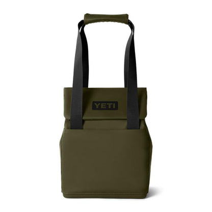 Olive green YETI Daytrip 14L insulated tote bag with black straps, MagSnap closure, and front YETI logo patch.