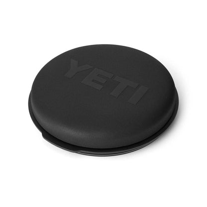 Black YETI LoadOut padded swivel seat with a circular, weather-resistant design and embossed logo on a white background.
