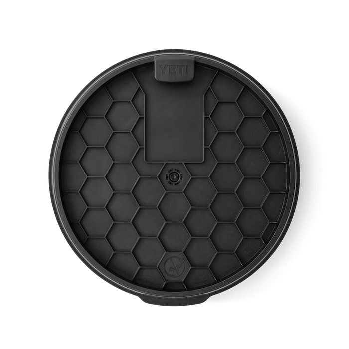 Black YETI LoadOut swivel seat accessory with a durable hexagonal pattern and center rotation mechanism.