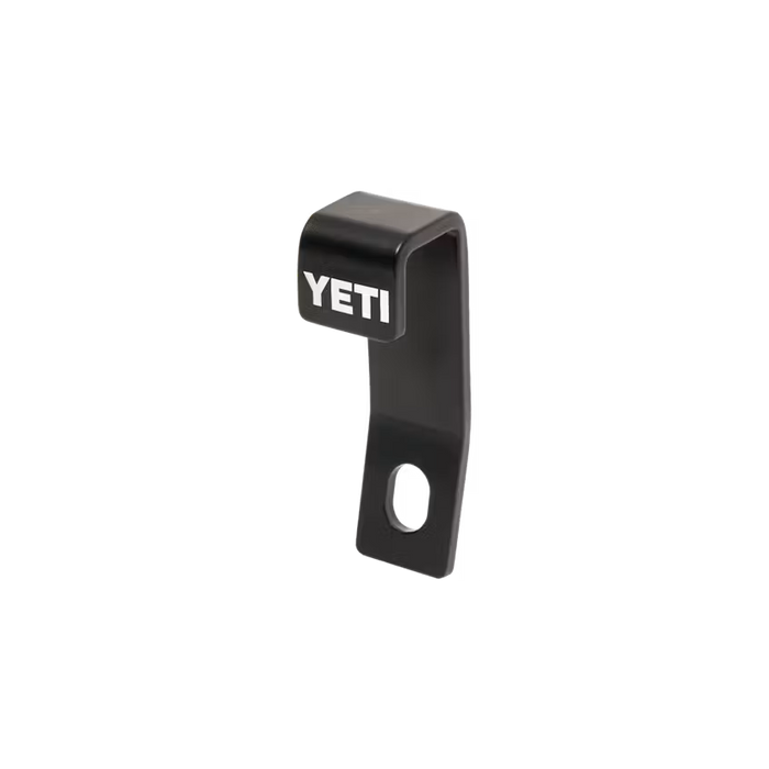 Black stainless steel YETI locking bracket with a white logo and a circular hole for security cables.