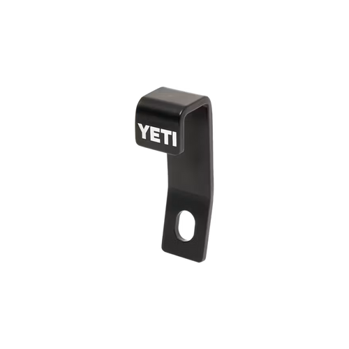 Black stainless steel YETI locking bracket with a white logo and a circular hole for security cables.