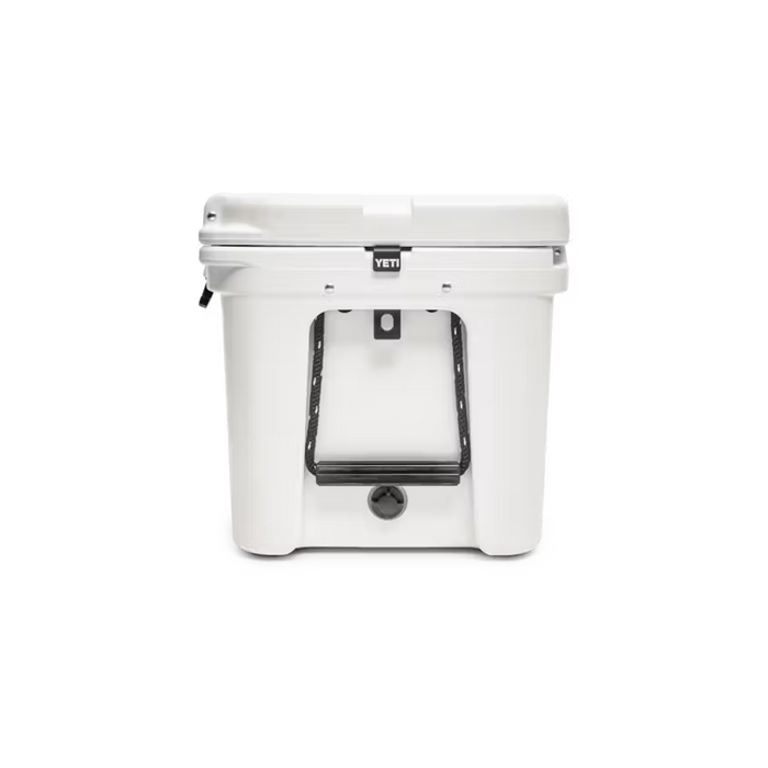 Stainless steel YETI locking bracket installed on the side of a white Tundra hard cooler.