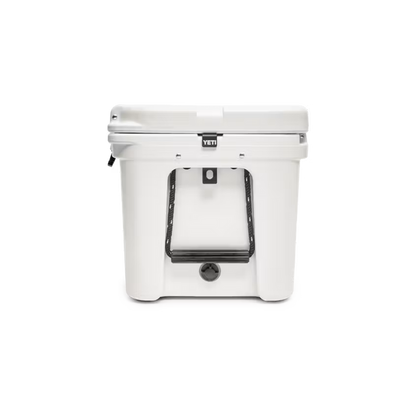 Stainless steel YETI locking bracket installed on the side of a white Tundra hard cooler.