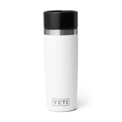 White 16 oz Yeti Rambler travel bottle with a black leakproof commuter cap and stainless steel accents.