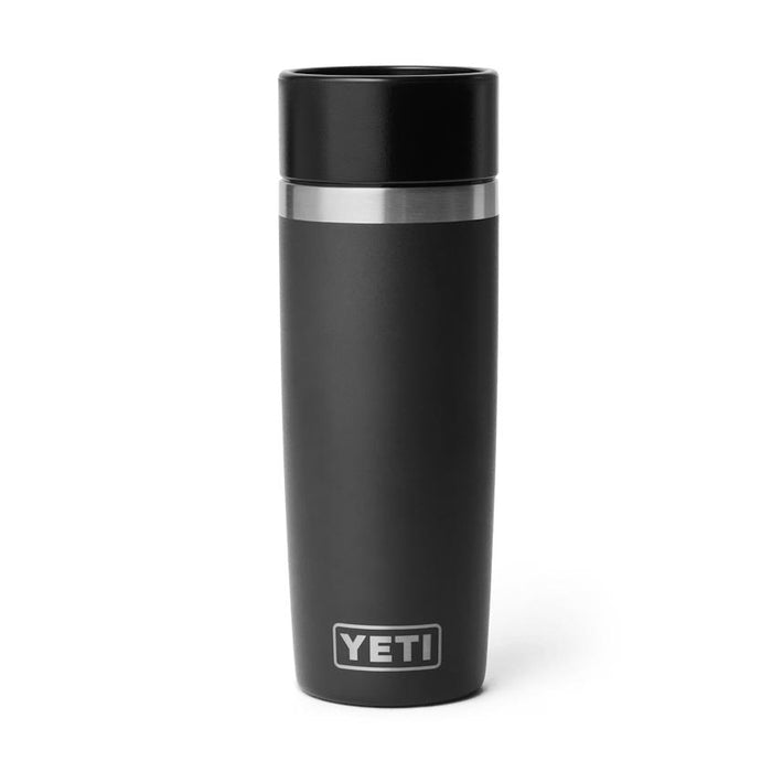 Matte black 16 oz Yeti Rambler travel bottle with a leakproof commuter cap and stainless steel accents.
