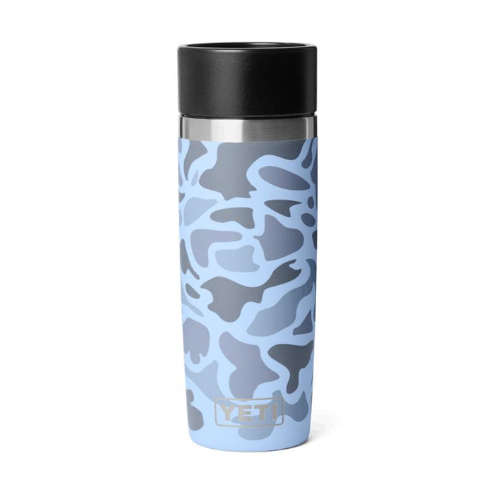 16 oz Yeti Rambler travel bottle in blue camo print with a black leakproof 360-degree commuter cap.