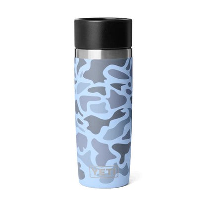 16 oz Yeti Rambler travel bottle in blue camo print with a black leakproof 360-degree commuter cap.