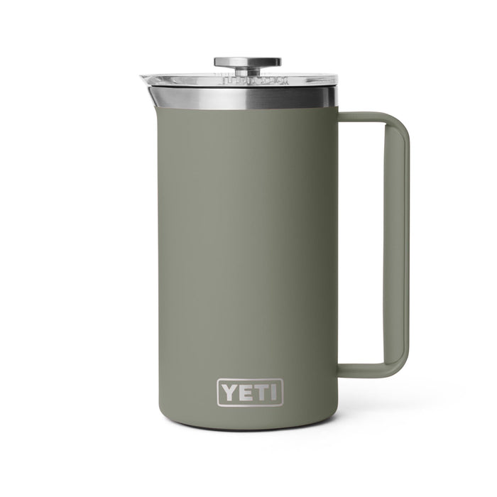 Olive green YETI Rambler 34 oz French Press with a stainless steel lid and handle, isolated on a white background.