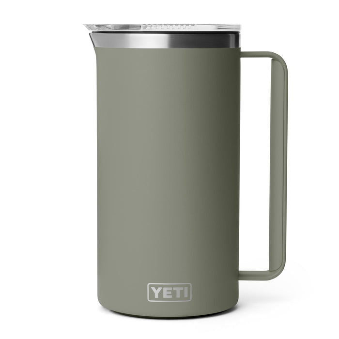 Olive green YETI Rambler 64 oz insulated pitcher with a sturdy handle and clear splash-resistant lid.